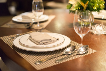 Close up picture of empty glasses in restaurant.blur background .