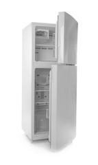 Empty refrigerator on white background