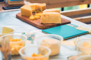 Close-up of homemade cheese at country fair