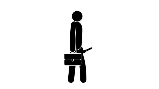 Pictogram of businessman with briefcase looking in spyglass.
Looped animation with alpha channel.