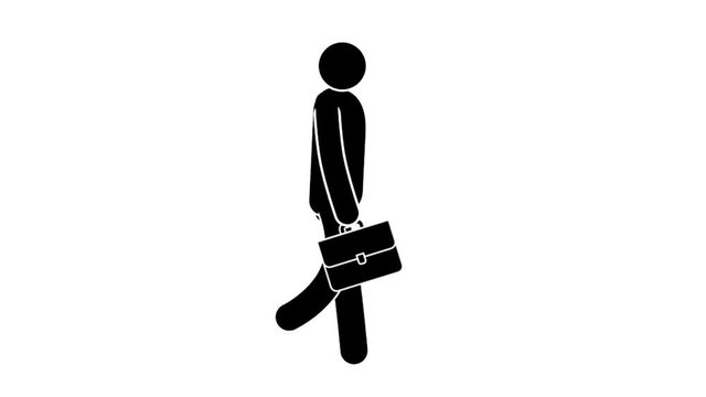 Pictogram businessman walking with briefcase. Looped animation with alpha channel.