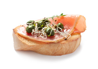 Tasty fresh bruschetta on white background