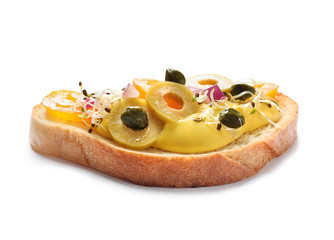 Tasty fresh bruschetta on white background