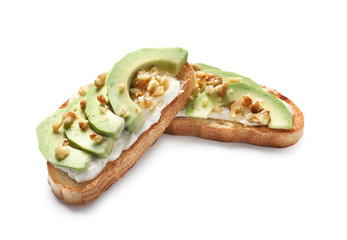 Tasty fresh bruschettas on white background