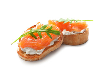 Tasty fresh bruschettas on white background