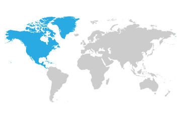 Plakat North America continent blue marked in grey silhouette of World map. Simple flat vector illustration.