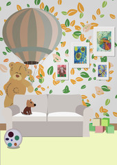 The interior of the children's room with furniture, toys, children's drawings. Illustration of a children's room.