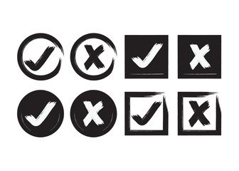 Black ink abstract circle and square brushed check mark and crossed X mark boxes icons set on white background