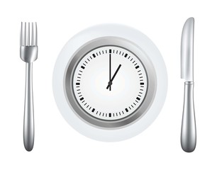 Plate with fork and knife and clock in the plate, meal time concept, vector
