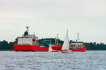 Red cargo ship at Riga