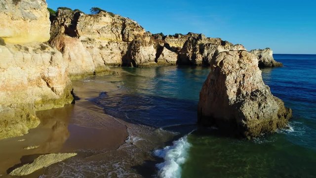 View of the beautiful Prainha Beach in Alvor, Algarve, Portugal; Concept for visit Portugal and most beautiful beaches in Portugal