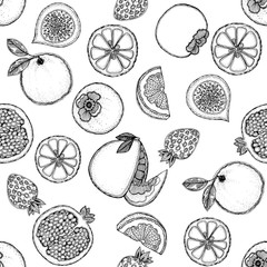Seamless vector pattern of hand drawn sketch style fruits.