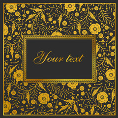 Vector floral card design: garden flower golden poppy on a black background. Vector elegance decorative invite postcard elegant illustration