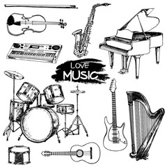 Hand drawn sketch style musical instruments. Vector illustration isolated on white background.
