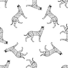 Seamless pattern of hand drawn sketch style serval. Vector illustration isolated on white background.