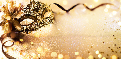 Venetian Golden Mask On Shiny Defocused Background
 - obrazy, fototapety, plakaty