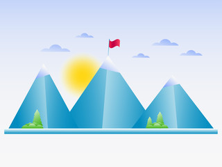 Winter landscape with mountains, snow-capped peaks, sun with clouds. Gradients. Vector illustration