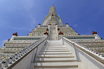 Porcelain covered traditional Khmer architecture of temples and pagodas at Wat Arun or Temple of...