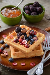 Belgian waffles with blueberry and honey