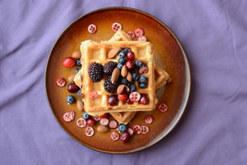 Belgian waffles with blueberry and honey