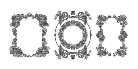 set of black line floral design elements in henna style