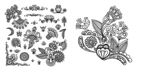 set of black line floral design elements in henna style