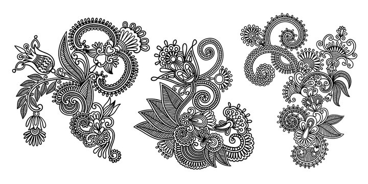 set of black line floral design elements in henna style