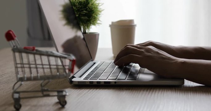 female shopping online at home, working woman typing keyboard laptop computer