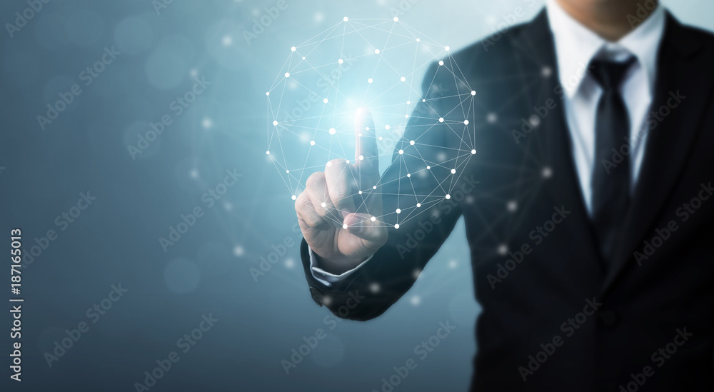 Poster computer network and internet connection concept, businessman hand touching network sphere