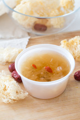 White fungus (Tremella fuciformis) and cooked with Goji berry and red dates, taken as medicine supplement in Asia.