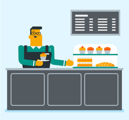 Young caucasian white worker of the bakery standing behind the counter with cakes and offering pastry. Smiling salesman working in the bakery. Vector cartoon illustration. Square layout.