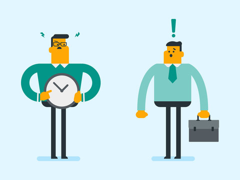 Young angry caucasian white employer pointing to time on the clock. Employer checking the time of coming to work his employee. Concept of late to work. Vector cartoon illustration. Square layout.