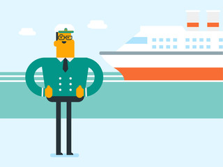 Young smiling caucasian white male ship captain in uniform standing on the background of sea and cruise ship. Vector cartoon illustration. Square layout.