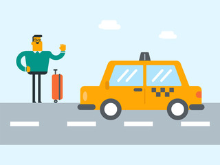 Young caucasian white man with s suitcase catching a taxi car by waving hand. Hitchhiking man trying to stop a taxi car on a highway. Vector cartoon illustration. Square layout.