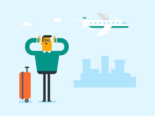 Young caucasian white airplane passenger frightened by future flight. Man suffering from fear of flying. Terrified man with suitcase waiting for a flight. Vector cartoon illustration. Square layout.