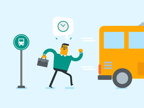 Caucasian white businessman running for an outgoing bus. Young man chasing a bus. Latecomer man running to reach a bus. Vector cartoon illustration. Square layout.
