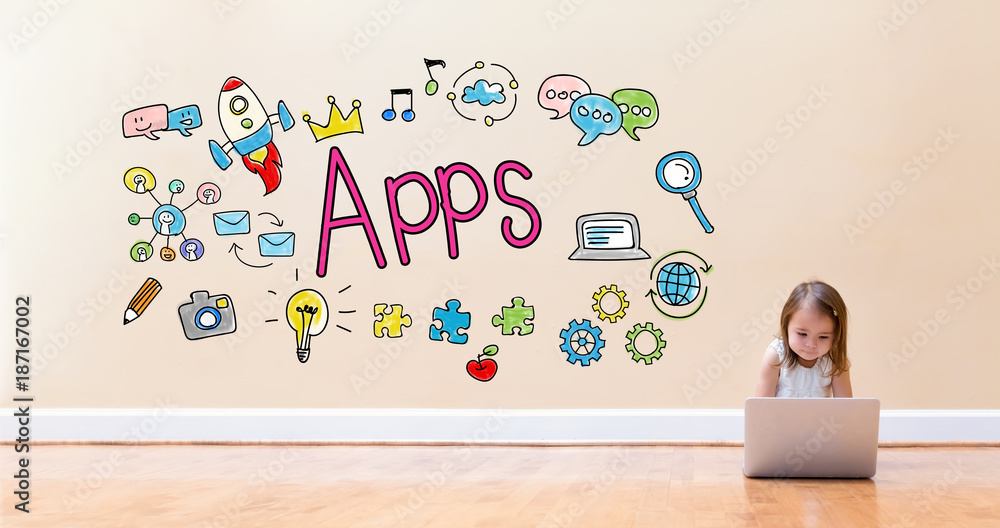 Poster apps text with little girl using a laptop computer on floor