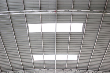Structure of metal ceiling system for the indoor stadium with a transparent metal sheet.
