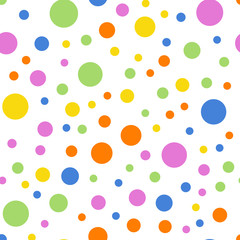 Colorful polka dots seamless pattern on white 2 background. Pleasing classic colorful polka dots textile pattern. Seamless scattered confetti fall chaotic decor. Abstract vector illustration.