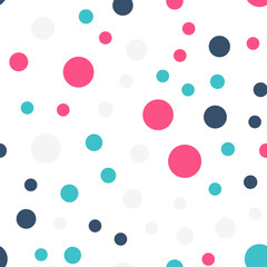 Colorful polka dots seamless pattern on white 19 background. Lovely classic colorful polka dots textile pattern. Seamless scattered confetti fall chaotic decor. Abstract vector illustration.