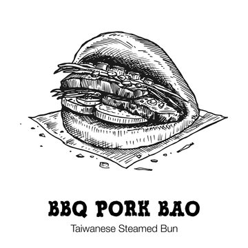 Hand Drawn Bbq Pork Bao Isolated On White Background, Vector
