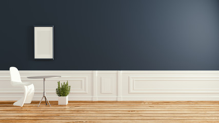 Modern interior of living room with chair on wooden flooring and dark blue wall .empty room. 3d rendering