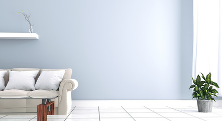 Interior has a gray sofa and lamp on empty white wall background. 3D rendering