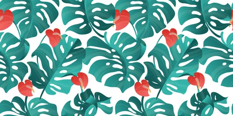 Fensteraufkleber Tropical plant seamless pattern, Heliconia,  Anthurium and split leaf Philodendron on white backgrou © momosama