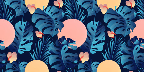 Tropical plant seamless pattern, Heliconia, palm, Anthurium and split leaf Philodendron in blue tone © momosama