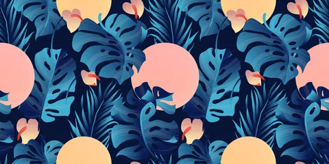 Gordijnen Tropical plant seamless pattern, Heliconia, palm, Anthurium and split leaf Philodendron in blue tone © momosama