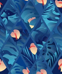 Gordijnen Tropical plant seamless pattern, Heliconia, palm, Anthurium and split leaf Philodendron in blue tone inside rectangle shape © momosama