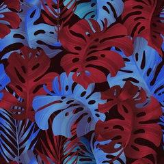 Muurstickers Tropical plant seamless pattern, palm leaf and split leaf Philodendron in blue and red tone © momosama