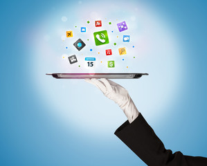 Waiter hand holding tray with icons