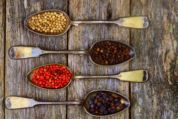 Different types of pepper spice in vintage spoons on wood background